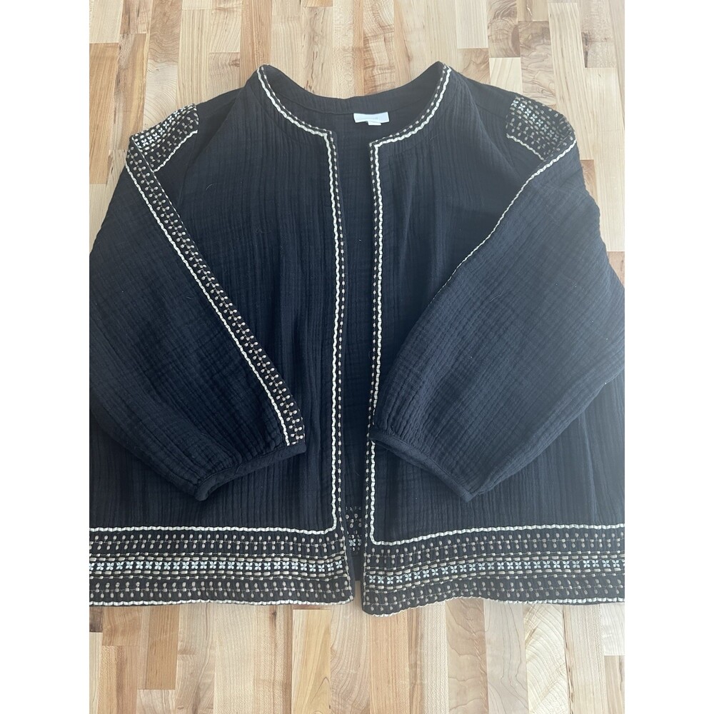 Pure Jill Open Front Embroidered Cardigan 100% Cotton Crinkle Black 2X